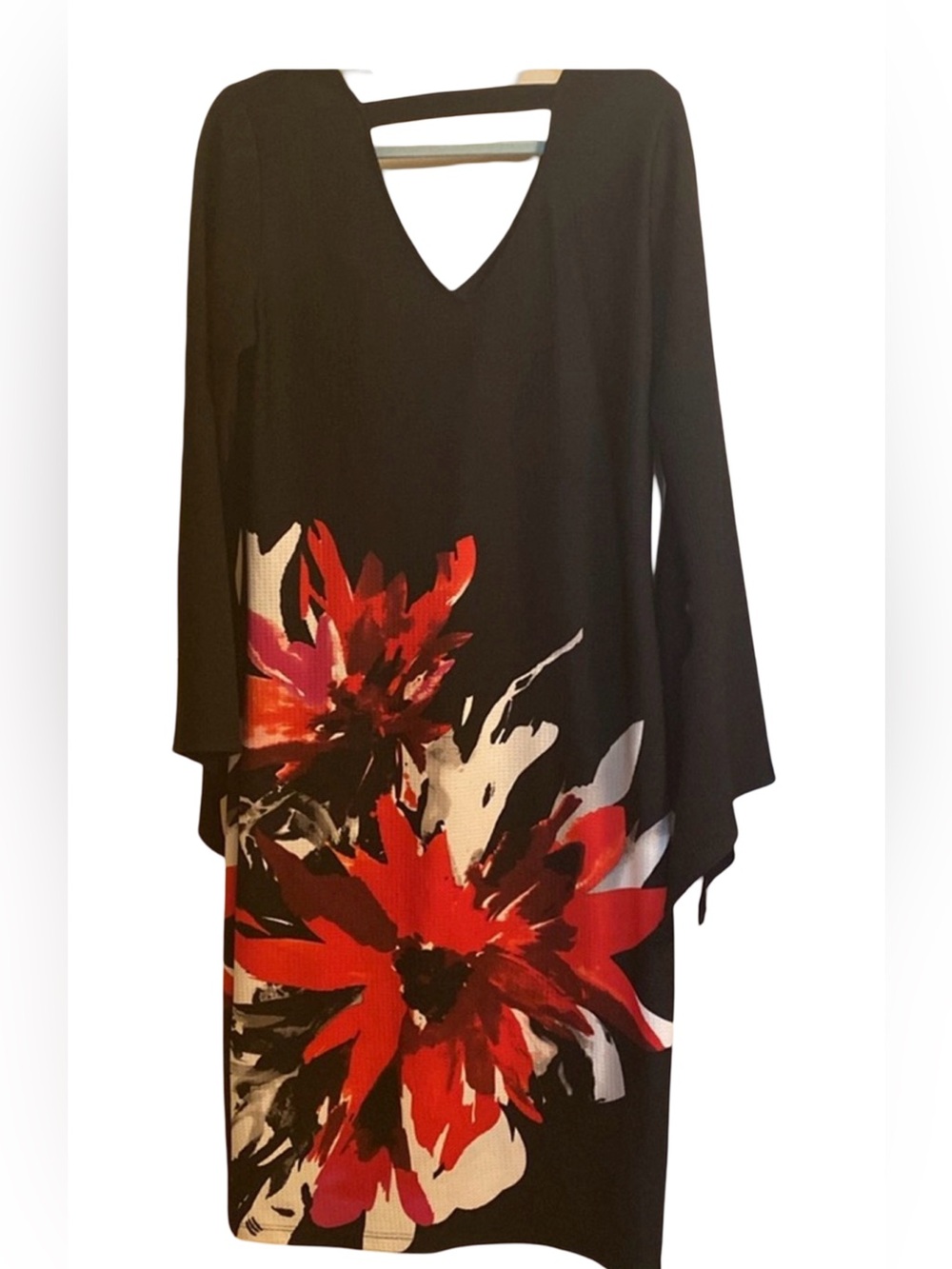 Ashley Stewart Black Floral V-Neck Tunic Dress with Red Accent